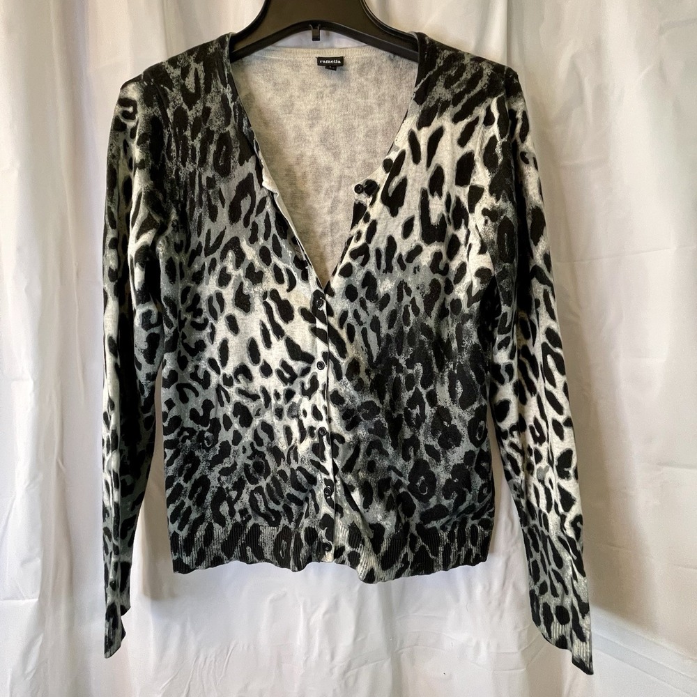 Rafaella Women‎ Sz L Animal Print Knit Button Up Cardigan Bold Classic Neutral